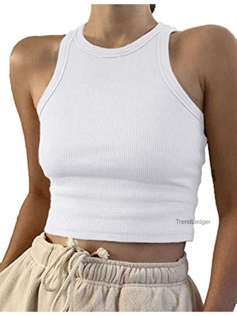 Rib-Knit Sleeveless High Neck Racerback Crop Tank Top Slim Fit